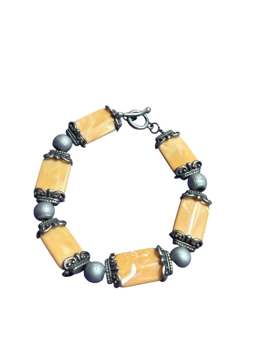 Tan Cream Swirled Silvertone Beaded Bracelet Toggle Clasp 7 inches
